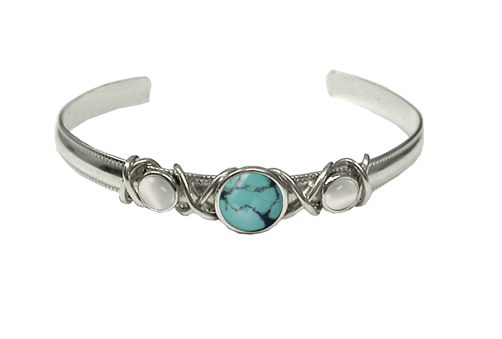 Sterling Silver Hand Made Cuff Bracelet With Chinese Turquoise And White Moonstone